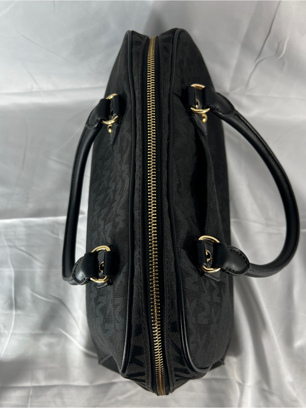 Michael Kors Black MK Signature Jacquard Satchel Bowler Bag Leather Trim Large - Picture 7 of 16